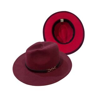 Burgundy Fedora Hat‎ with Gold Chain Accent - Wide Brim Formal Dress Hat